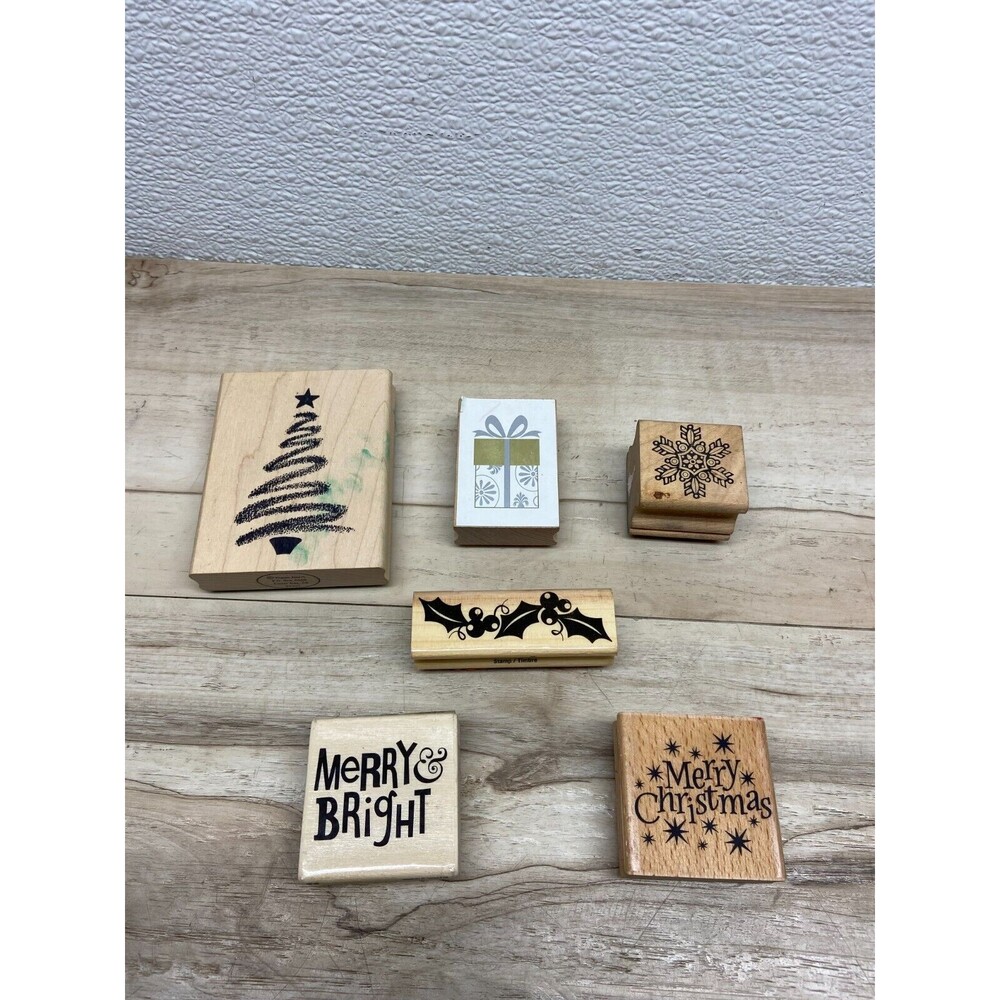 Set Of 6 Mixed Brands Christmas Wood Mounted Rubber Stamps